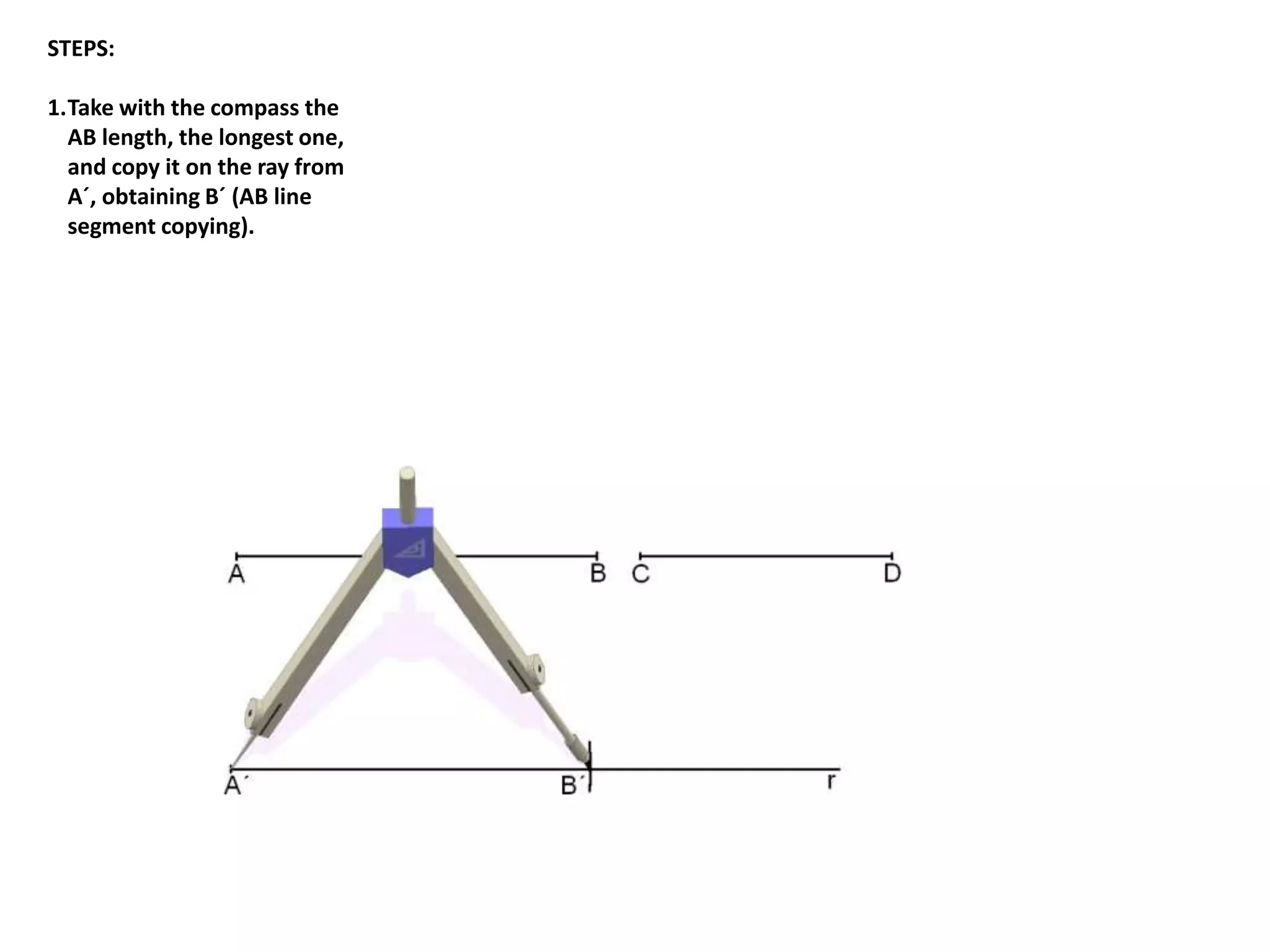 STEPS: 
1.Take with the compass the 
AB length, the longest one, 
and copy it on the ray from 
A´, obtaining B´ (AB line 
segment copying). 
 