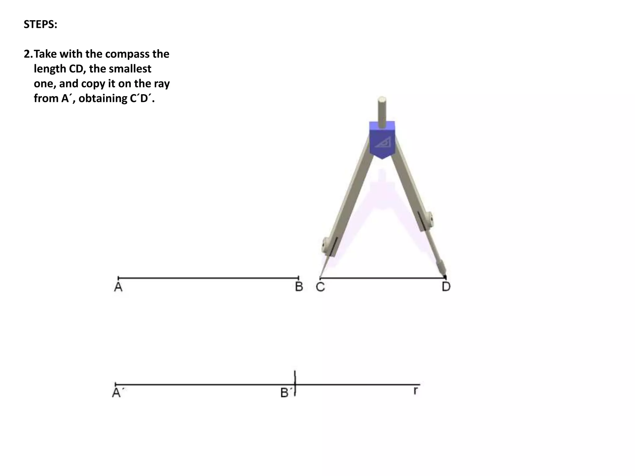 STEPS: 
2.Take with the compass the 
length CD, the smallest 
one, and copy it on the ray 
from A´, obtaining C´D´. 
 