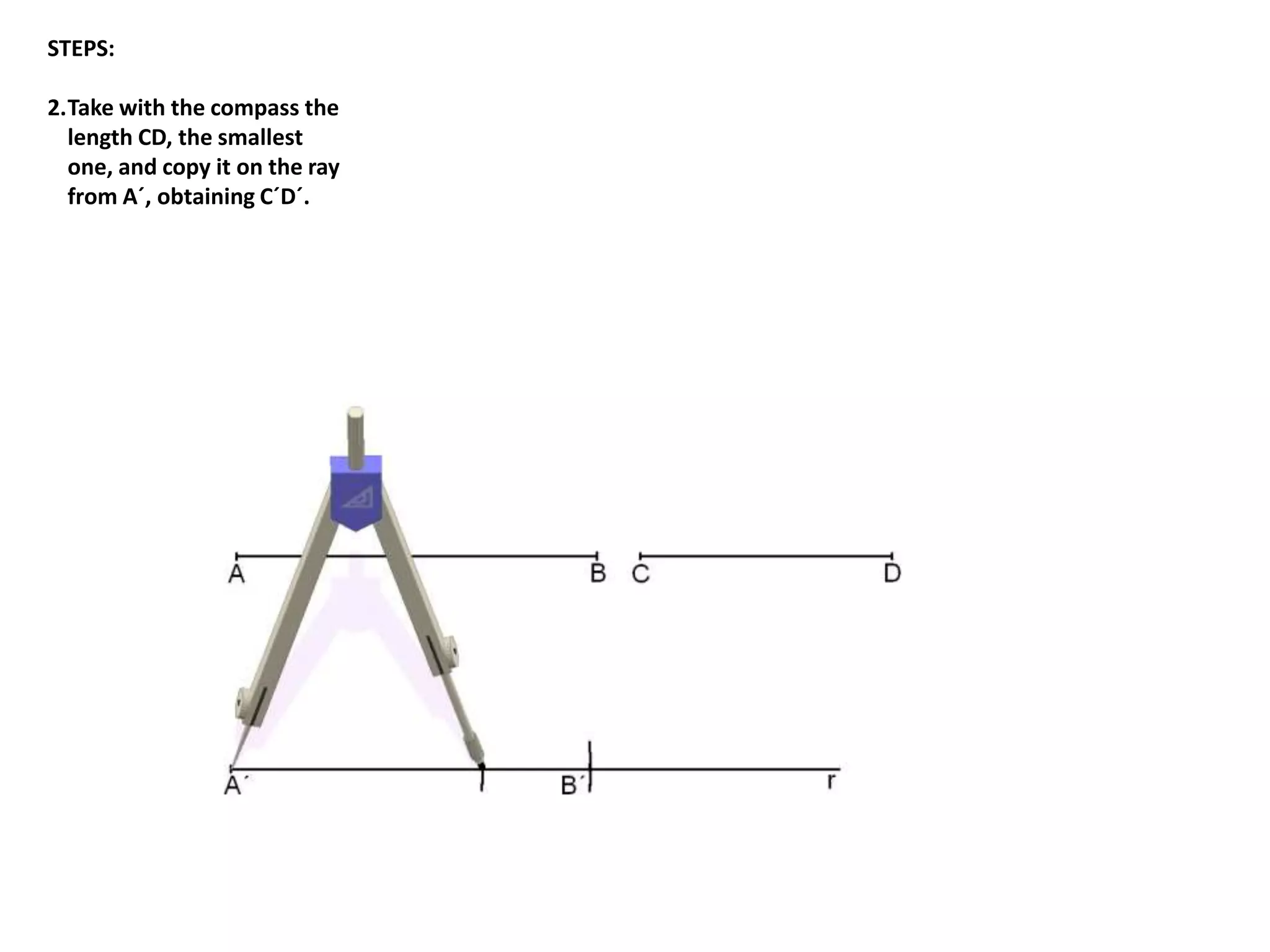 STEPS: 
2.Take with the compass the 
length CD, the smallest 
one, and copy it on the ray 
from A´, obtaining C´D´. 
 