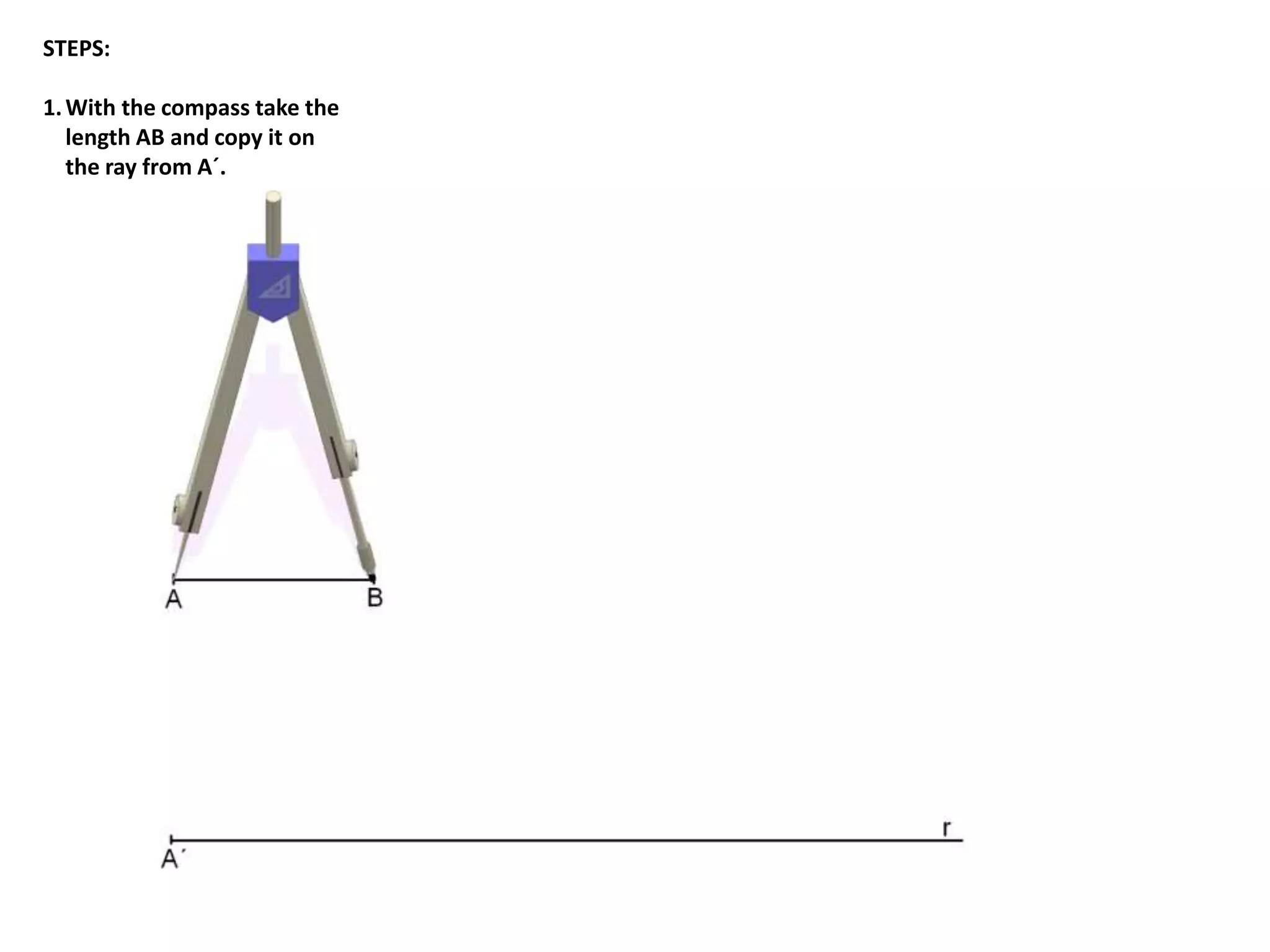 STEPS: 
1. With the compass take the 
length AB and copy it on 
the ray from A´. 
 