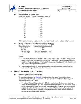 DG-PPG-0110
Document No.
MUSTANG
Process Plants Process Design Guidelines:
Hydraulics and Line Sizing Rev. 0
4.2 Reboiler Inlet or Return Lines
Pipe Size, inches Typical Equivalent Length, ft
4 100
6 120
8 140
10 160
12 180
14 200
16 220
18 250
20 280
24 330
30 420
If the reboiler is spring supported, the equivalent length can be substantially reduced.
4.3 Pump Suction Line from Drums or Tower Bottoms
Pipe Size, inches Typical Equivalent Length, ft
through 6" 300
8" – 12” 400
14" and larger 250 pipe diameters + 150
Notes:
• If a permanent strainer is installed in the pump suction line, add 200 ft of equivalent
length to calculate the pressure drop through the strainer. If a temporary strainer is
used, the Process Engineer / Technical Professional should clarify with client if it will
stay in place during normal operation.
• The equivalent length for pump suction taken from a tower side draw-off can be
substantially higher than those shown above.
5.0 SPECIAL HYDRAULICS CALCULATIONS
5.1 Thermosyphon Reboiler Circuits
The worksheet shown on Figure 3 should be used to analyze the reboiler circuit
hydraulics for thermosyphon reboilers. Design considerations for the thermosyphon
reboiler system are as follows:
• Do not use the usual age factor of 1.2 for line friction loss. Instead, use a safety
factor of 2 for line friction loss and allowable total reboiler pressure drop when using
homogenous mixed phase density and a safety factor of 1.5 when using Hughmark
in-place density, whichever is more conservative. The criteria may be relaxed for
revamp projects or those systems having high densities in the reboiler return line
such as a deethanizer tower reboiler.
Document is valid only at time of printing. See myMustang® for latest revision.
DG-PPG-0110_Process Plants Process Design Guidelines Hydraulics and Line Sizing Page 5 of 20
 