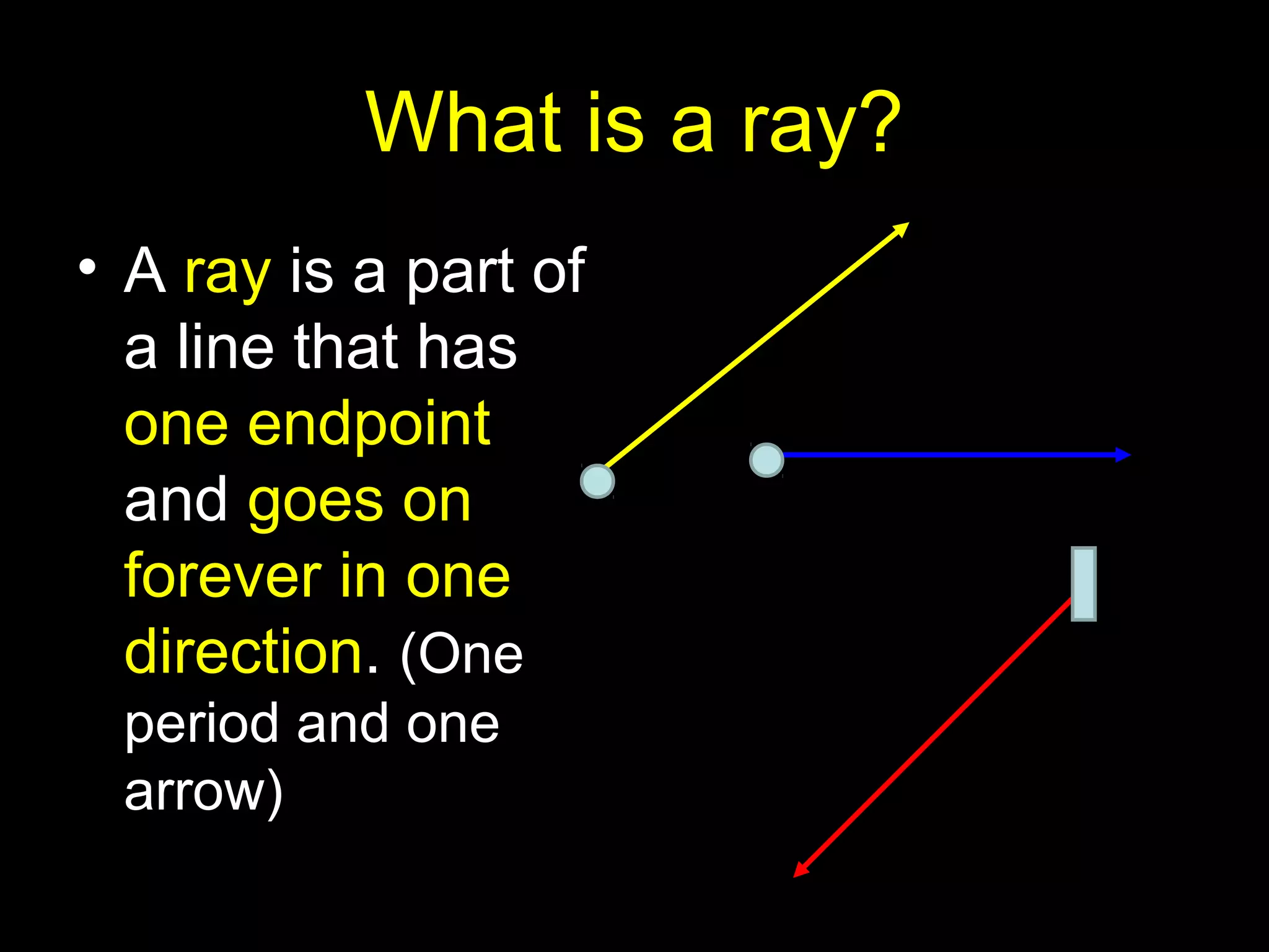 What is a ray?
• A ray is a part of
a line that has
one endpoint
and goes on
forever in one
direction. (One
period and one
arrow)