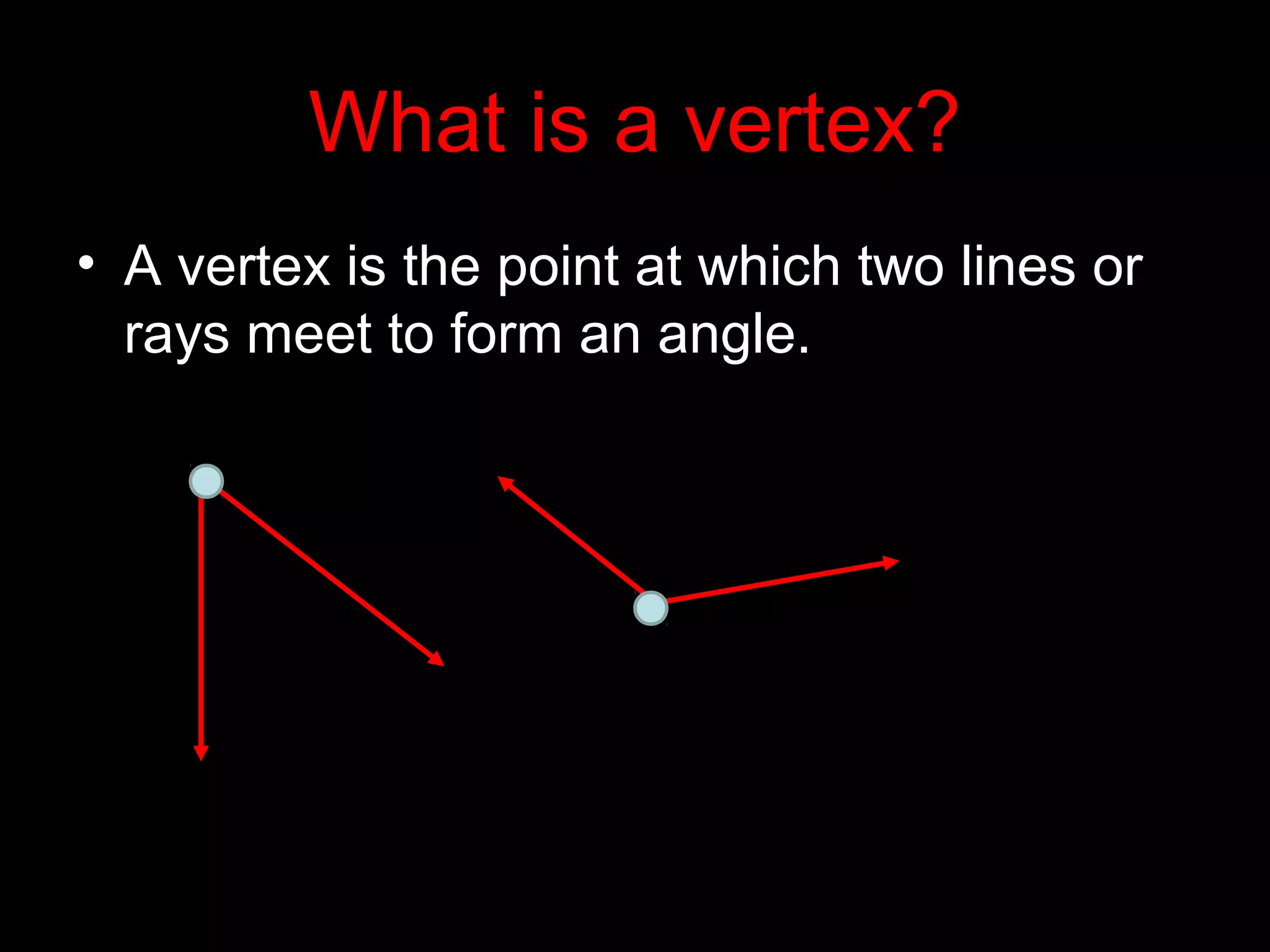 What is a vertex?
• A vertex is the point at which two lines or
rays meet to form an angle.
• More than one vertex are called vertices.