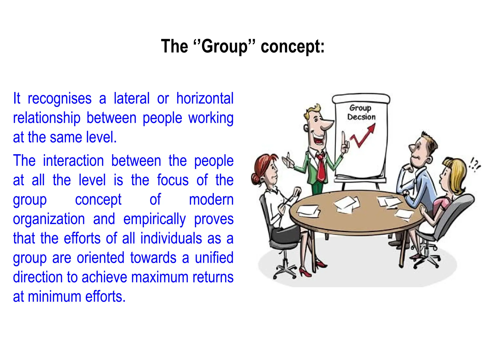 It recognises a lateral or horizontal
relationship between people working
at the same level.
The interaction between the people
at all the level is the focus of the
group concept of modern
organization and empirically proves
that the efforts of all individuals as a
group are oriented towards a unified
direction to achieve maximum returns
at minimum efforts.
The ‘’Group’’ concept:
 
