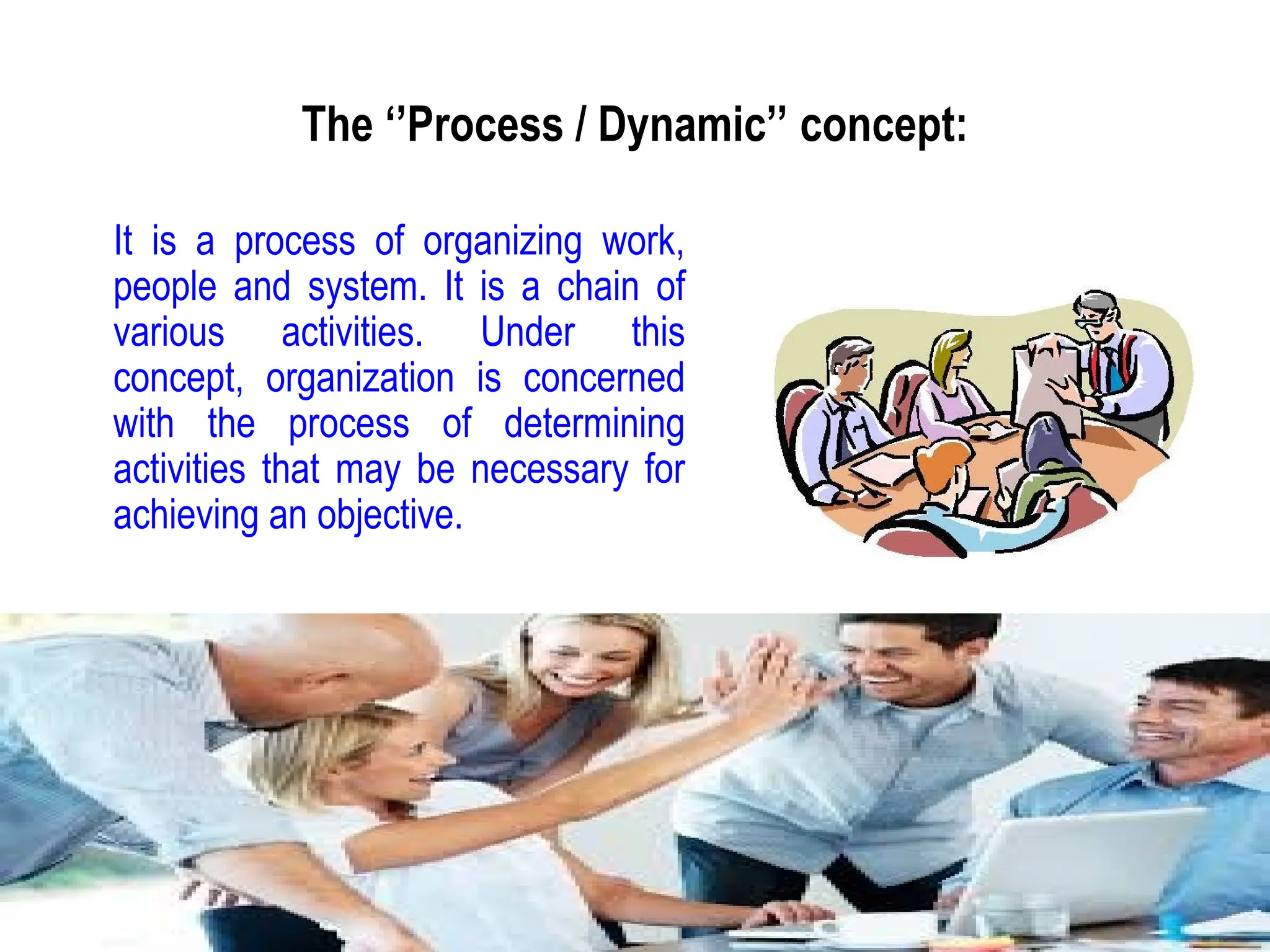 It is a process of organizing work,
people and system. It is a chain of
various activities. Under this
concept, organization is concerned
with the process of determining
activities that may be necessary for
achieving an objective.
The ‘’Process / Dynamic’’ concept:
 