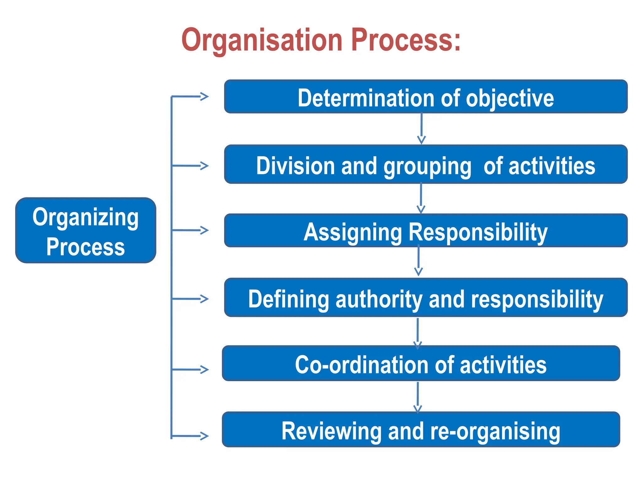 Organisation Process:
Organizing
Process
Determination of objective
Division and grouping of activities
Assigning Responsibility
Defining authority and responsibility
Co-ordination of activities
Reviewing and re-organising
 