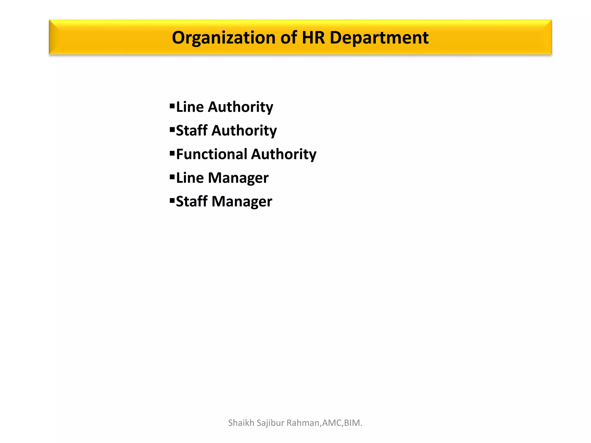 Organization of HR Department
Line Authority
Staff Authority
Functional Authority
Line Manager
Staff Manager
Shaikh Sajibur Rahman,AMC,BIM.
 
