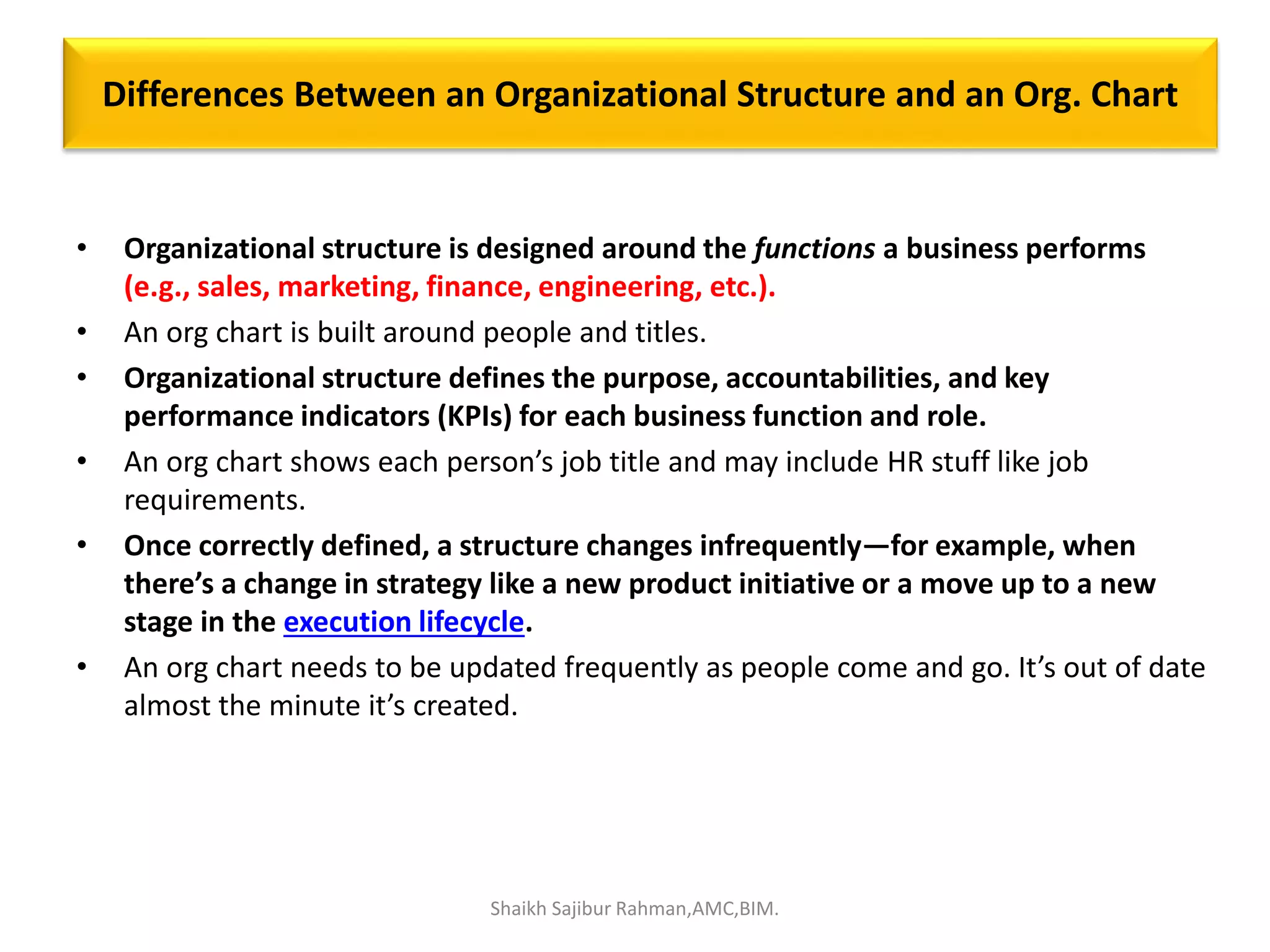 Differences Between an Organizational Structure and an Org. Chart
• Organizational structure is designed around the functions a business performs
(e.g., sales, marketing, finance, engineering, etc.).
• An org chart is built around people and titles.
• Organizational structure defines the purpose, accountabilities, and key
performance indicators (KPIs) for each business function and role.
• An org chart shows each person’s job title and may include HR stuff like job
requirements.
• Once correctly defined, a structure changes infrequently—for example, when
there’s a change in strategy like a new product initiative or a move up to a new
stage in the execution lifecycle.
• An org chart needs to be updated frequently as people come and go. It’s out of date
almost the minute it’s created.
Shaikh Sajibur Rahman,AMC,BIM.
 