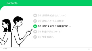 13
Contents
01 LINE株式会社について
02 LINEスキマニの概要
03 LINEスキマニの業務フロー
04 料金体系について
05 今後の流れ
 