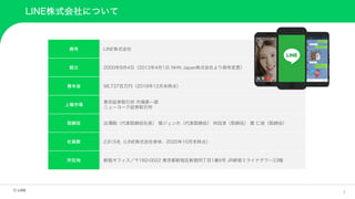 3
LINE株式会社について
商号 LINE株式会社
設立 2000年9月4日（2013年4月1日 NHN Japan株式会社より商号変更）
資本金 96,737百万円（2019年12月末時点）
上場市場
東京証券取引所 市場第一部
ニューヨーク証券取引所
取締役 出澤剛（代表取締役社長） 慎ジュンホ（代表取締役） 舛田淳（取締役） 黄 仁埈（取締役）
社員数 2,815名（LINE株式会社単体、2020年10月末時点）
所在地 新宿オフィス／〒160-0022 東京都新宿区新宿四丁目1番6号 JR新宿ミライナタワー23階
 
