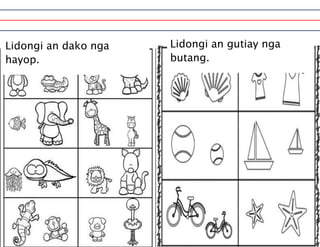 Lidongi an dako nga
hayop.
Lidongi an gutiay nga
butang.
 
