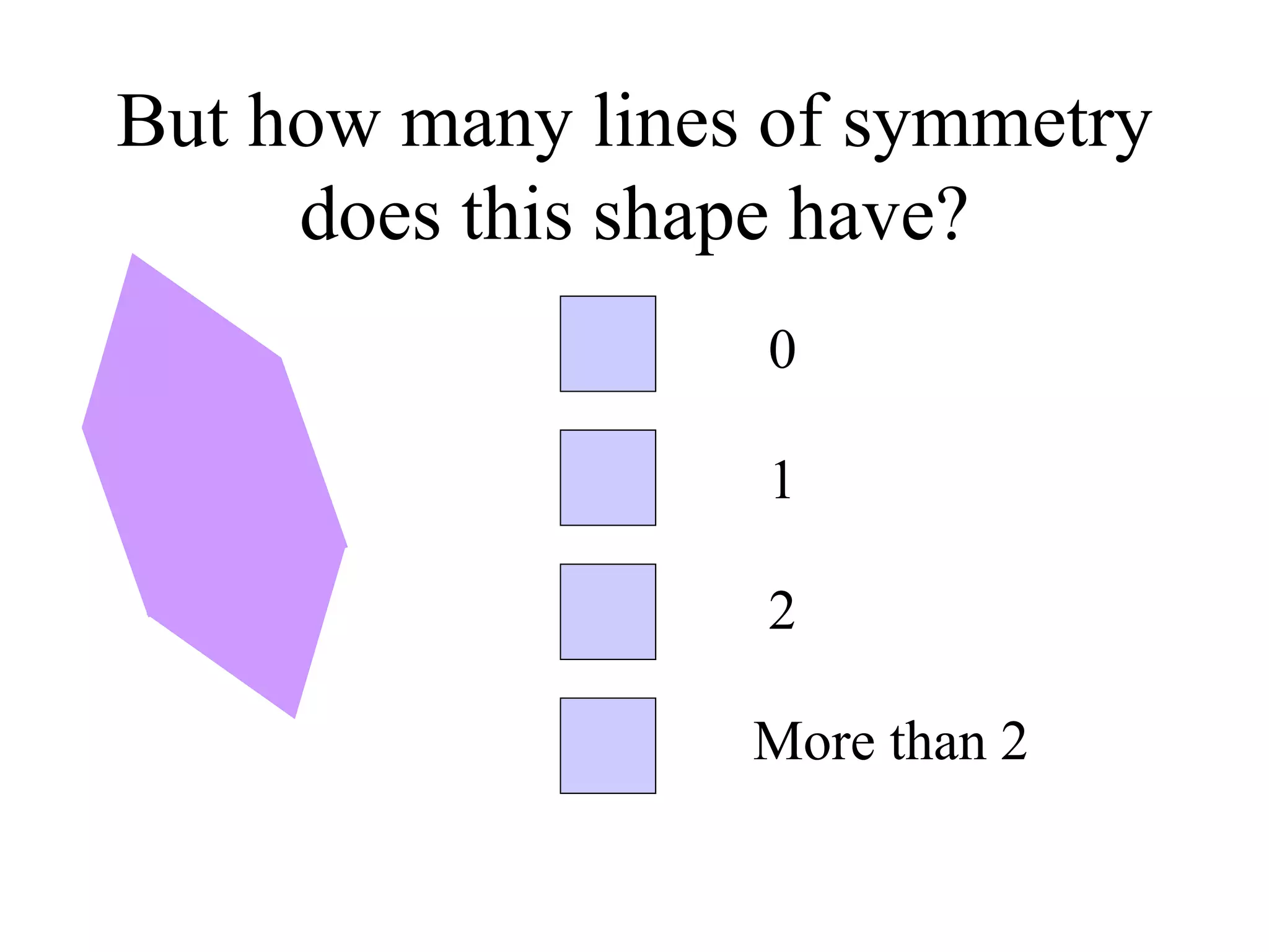 But how many lines of symmetry
does this shape have?
0
1
2
More than 2