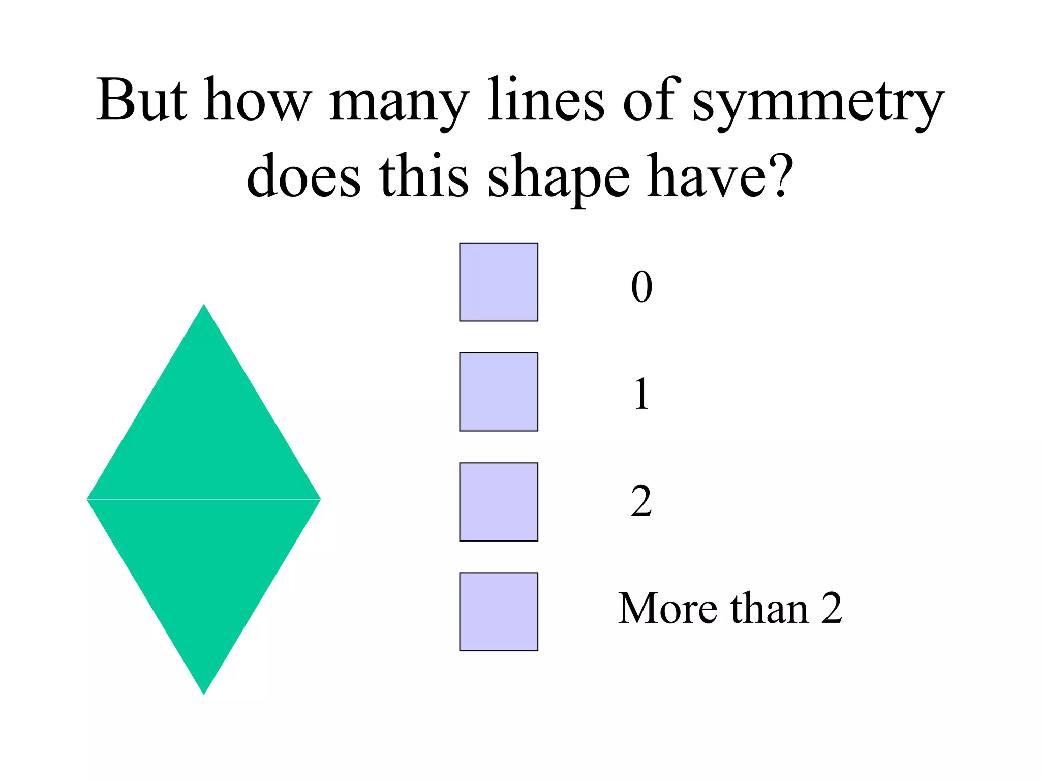 But how many lines of symmetry
does this shape have?
0
1
2
More than 2