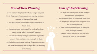 Pros of Meal Planning
You are more likely to stick with your weight loss goals.
All the grocery shopping is done in one day, so you are
prepped for the rest of the week.
You don’t have to scramble for dinner (or breakfast or
lunch) ideas.
You always know what you will be cooking for dinner,
taking out the “What’s for dinner?” question.
You can save money since you won’t have to go to the
grocery store each day (or every couple of days).
Meal planning can save you time. Time spent driving to
the store and shopping add up if you don’t go shopping
all in one day.
1.
2.
3.
4.
5.
6.


Cons of Meal Planning
You might not actually cook all the food you
bought at the grocery store.
You might not want to cook dinner after work.
The recipes you thought would be great, could
end up tasting terrible.
It takes planning and discipline to meal plan,
that you might not have.
It means setting a schedule and plan and
sticking as close to it as possible.
1.
2.
3.
4.
5.


 