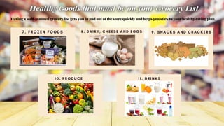 Having a well-planned grocery list gets you in and out of the store quickly and helps you stick to your healthy eating plan.


8. DAIRY, CHEESE AND EGGS


9. SNACKS AND CRACKERS


10. PRODUCE


11. DRINKS


7. FROZEN FOODS


 