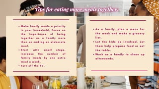 Make family meals a priority
in your household. Focus on
the importance of being
together as a family more
than on making an elaborate
meal.
Start with small steps.
Increase the number of
family meals by one extra
meal a week.
Turn off the TV.






A s a f a m i l y , p l a n a m e n u f o r
t h e w e e k a n d m a k e a g r o c e r y
l i s t .
L e t t h e k i d s b e i n v o l v e d . Le t
t h e m h e l p p r e p a r e f o o d o r s e t
t h e t a b l e .
W o r k a s a f a m i l y t o c l e a n u p
a f t e r w a r d s .
 