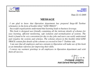 MESSAGE
I am glad to know that Operation department has prepared Stage-III Turbine
schematics in the form of booklet titled “LINE TRACE”.
Successful organizations understand that learning leads to business leverage.
This book is designed user friendly containing all the intricate details of schemes for
easy learning, efficient monitoring, safe isolation and normalization of systems. The
book is found to be very convenient for day to day jobs and users can easily understand
and visualize the systems and schemes. The schemes drawn in this booklet titled LINE
TRACE contain fine details of the schemes as erected in Unit-7 Turbine side.
I am sure that all employees and new entrants to Operation will make use of this book
as an immediate reference for improving their skills.
I convey my warmest greetings to all employees in Operation department and wish
them all success.
Date:22-12-2005
 