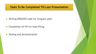  Writing ARDUINO code for irregular path
 Completion of lift for load lifting
 Testing and demonstration
Tasks To Be Completed Till Last Presentation
 