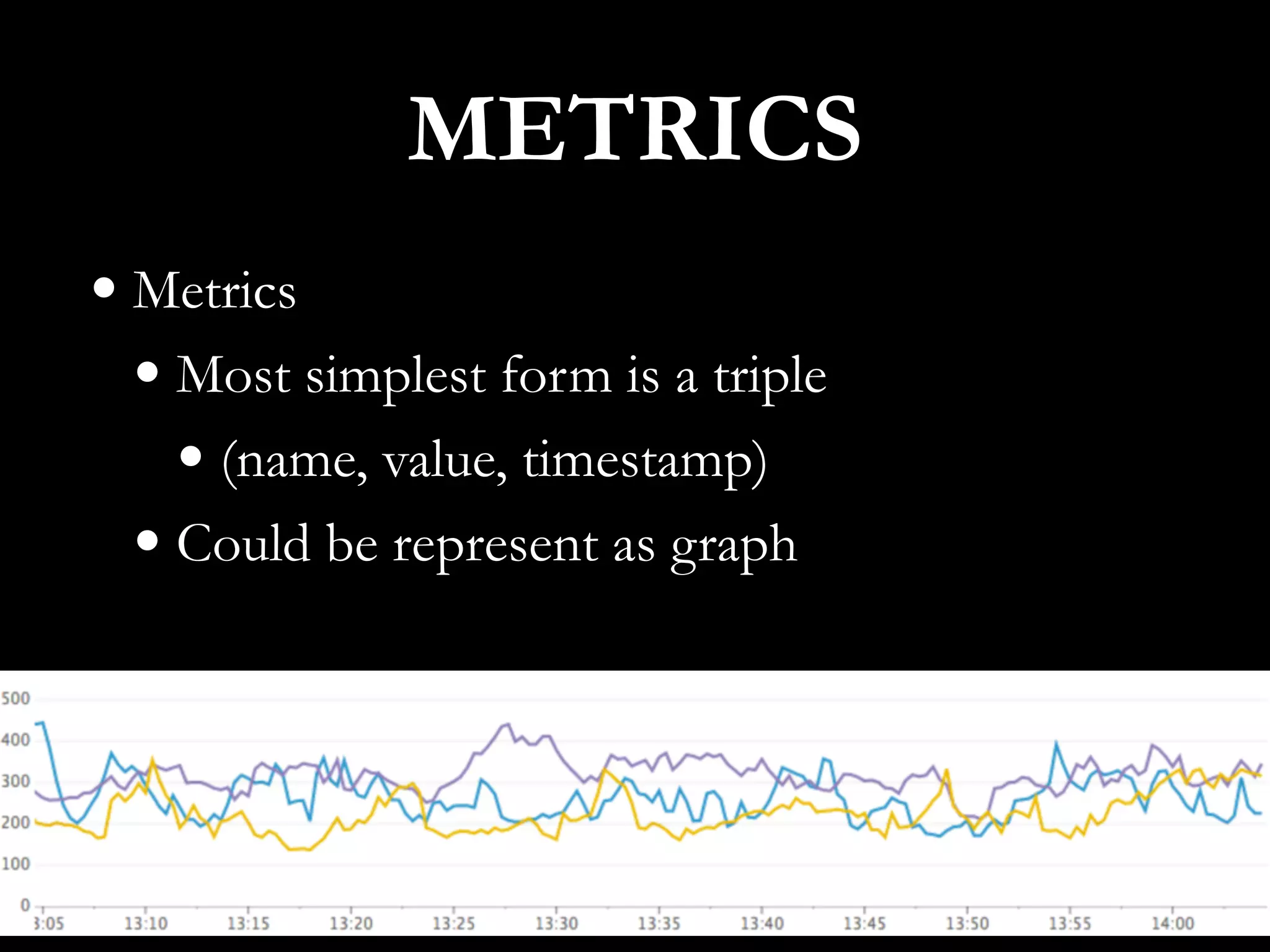 • Metrics
• Most simplest form is a triple
• (name, value, timestamp)
• Could be represent as graph
METRICS
 