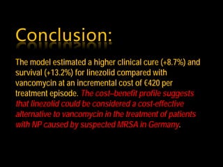 Conclusion:
The model estimated a higher clinical cure (+8.7%) and
survival (+13.2%) for linezolid compared with
vancomycin at an incremental cost of €420 per
treatment episode. The cost–benefit profile suggests
that linezolid could be considered a cost-effective
alternative to vancomycin in the treatment of patients
with NP caused by suspected MRSA in Germany.
 
