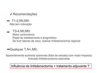 ✔ Recomendações
T1-2,N0,M0:
Não tem indicação
T3-4,N0,M0:
Maior controvérsia
Papel de estadiamento e prognóstico
Se tiver fatores de risco, realizar linfadenectomia regional
Qualquer T,N+,M0:
Influência da linfadenectomia + tratamento adjuvante ?
Aparentemente aumenta sobrevida (falta de estudos com maior impacto)
Indicado linfadenectomia extendida
 