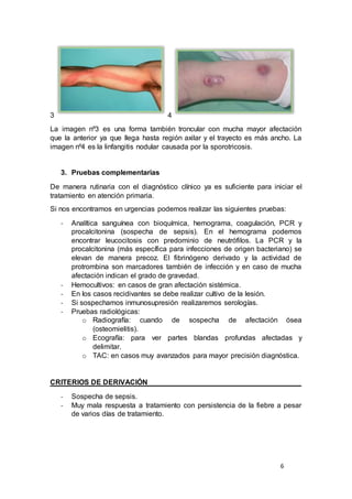 6
3 4
La imagen nº3 es una forma también troncular con mucha mayor afectación
que la anterior ya que llega hasta región axilar y el trayecto es más ancho. La
imagen nº4 es la linfangitis nodular causada por la sporotricosis.
3. Pruebas complementarias
De manera rutinaria con el diagnóstico clínico ya es suficiente para iniciar el
tratamiento en atención primaria.
Si nos encontramos en urgencias podemos realizar las siguientes pruebas:
- Analítica sanguínea con bioquímica, hemograma, coagulación, PCR y
procalcitonina (sospecha de sepsis). En el hemograma podemos
encontrar leucocitosis con predominio de neutrófilos. La PCR y la
procalcitonina (más específica para infecciones de origen bacteriano) se
elevan de manera precoz. El fibrinógeno derivado y la actividad de
protrombina son marcadores también de infección y en caso de mucha
afectación indican el grado de gravedad.
- Hemocultivos: en casos de gran afectación sistémica.
- En los casos recidivantes se debe realizar cultivo de la lesión.
- Si sospechamos inmunosupresión realizaremos serologías.
- Pruebas radiológicas:
o Radiografía: cuando de sospecha de afectación ósea
(osteomielitis).
o Ecografía: para ver partes blandas profundas afectadas y
delimitar.
o TAC: en casos muy avanzados para mayor precisión diagnóstica.
CRITERIOS DE DERIVACIÓN
- Sospecha de sepsis.
- Muy mala respuesta a tratamiento con persistencia de la fiebre a pesar
de varios días de tratamiento.
 