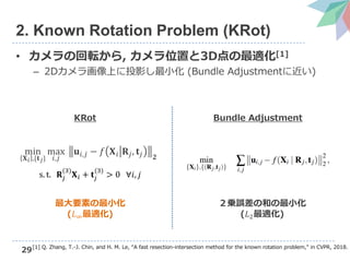 29
2. Known Rotation Problem (KRot)
• カメラの回転から, カメラ位置と3D点の最適化[1]
– 2Dカメラ画像上に投影し最小化 (Bundle Adjustmentに近い)
min
𝐗 𝑖 ,{𝐭 𝑗}
max
𝑖,𝑗
𝐮𝑖,𝑗 − 𝑓 𝐗 𝑖 𝐑𝑗, 𝐭𝑗 𝟐
s. t. 𝐑𝑗
(3)
𝐗 𝑖 + 𝐭𝑗
(3)
> 0 ∀𝑖, 𝑗
Bundle AdjustmentKRot
２乗誤差の和の最小化
(𝐿2最適化)
最大要素の最小化
(𝐿∞最適化)
[1] Q. Zhang, T.-J. Chin, and H. M. Le, “A fast resection-intersection method for the known rotation problem,” in CVPR, 2018.
 