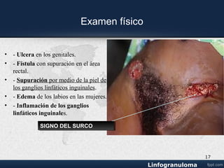 Linfogranuloma inguinal
• Síntomas
• Fiebre , calofrios
• Anorexia
• Mialgias
• Artralgias
• Hepatosplenomega
lia
• Artralgias eritema
nodoso, múltiple
• Fotosensibilidad
• Abcesos son
necroticos y
fluctuantes
17
 