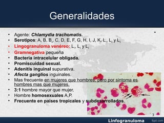 Generalidades
• Agente: Chlamydia trachomatis
• Serotipos: l1,l2,l3
• Gramneativa pequeña
• Bacteria intracelular obligada
• Promiscuidad sexual
• Adenitis inguinal supurativa
• Afecta ganglios inguinales
• Mas frecuente en mujeres que hombres, pero por sintoma es
hombres mas que mujeres.
• 3:1 hombre mayor que mujer
• Hombre homosexuales A,P
• Frecuente en países tropicales y subdesarrollados.
•
3
 