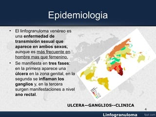 Epidemiologia
• El linfogranuloma venéreo es
una enfermedad de
transmisión sexual que
aparece en ambos sexos,
aunque es más frecuente
entre varones.
• Se manifiesta en tres fases: en
la primera aparece una úlcera
en la zona genital, en la
segunda se inflaman los
ganglios y, en la tercera
surgen manifestaciones a nivel
anorrectal.
4
 