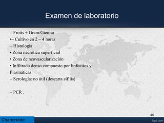 Prevención y control
• 1. Buena higiene personal (sobre todo después de mantener relaciones),
uso de profilácticos, evitar la promiscuidad.
• 2.Evitar relaciones sexuales con personas de riesgo, como las prostitutas
buenas.
3. Utilizar el preservativo de manera estricta, correcta y constante.
4. Consultar ante la presencia de cualquier molestia genital.
5. Evitar las relaciones sexuales cuando se sufre de molestias genitales.
6. Realizarse chequeos periódicos si se mantiene una relación sexual con
una pareja no habitual.
7. Avisar a las personas con quienes se mantuvo vida sexual durante el
periodo de riesgo que el médico señale.
8. Efectuarse chequeos cuando se cambia de pareja sexual, o bien,
cuando se conoce que la pareja habitual ha tenido relaciones sexuales con
una tercera persona.
40
Chancroide
 
