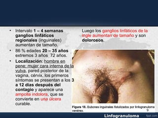 • Intervalo 1 – 4 semanas
ganglios linfáticos
regionales (inguinales)
aumentan de tamaño
• 86 % edades 20 – 35 años
extremos 3 años 72 años
• Localización: hombre pene;
mujer cara interna de la vulva,
pared posterior de la vagina,
cérvix.
9
 