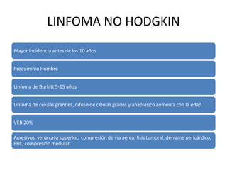 LINFOMA NO HODGKIN
Mayor incidencia antes de los 10 años
Predominio Hombre
Linfoma de Burkitt 5-15 años
Linfoma de células grandes, difuso de células grades y anaplásico aumenta con la edad
VEB 20%
Agresivos: vena cava superior, compresión de vía aérea, lisis tumoral, derrame pericárdico,
ERC, compresión medular.
 