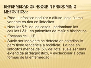 ENFERMEDAD DE HODGKIN PREDOMINIO
LINFOCITICO.-
 Pred. Linfocitico nodular o difuso, esta última
variante es rica en linfocitos.
 Nodular 5 % de los casos, pedominan las
celulas L&H en palomitas de maíz e histiocitos.
 Escasas cel. LE.
 Suele ser indolente se detecta en estadios IA
pero tiene tendencia a recidivar. La rica en
linfocitos menos del 5% del total suele ser mas
extendida al diagnóstico, y evolucionar a otras
formas de la enfermedad.
 