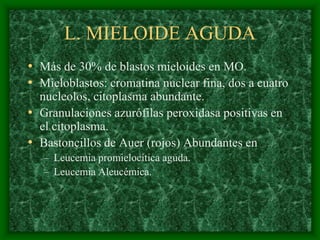 L. MIELOIDE AGUDA
• Más de 30% de blastos mieloides en MO.
• Mieloblastos: cromatina nuclear fina, dos a cuatro
  nucleolos, citoplasma abundante.
• Granulaciones azurófilas peroxidasa positivas en
  el citoplasma.
• Bastoncillos de Auer (rojos) Abundantes en
   – Leucemia promielocítica aguda.
   – Leucemia Aleucémica.
 