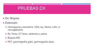 PRUEBAS DX
 Dx: Biopsia
 Extensión
 Hemograma y biometría: VSG, bq. Sérica, LDH, -
microglobulina
 Rx Tórax; CT tórax, abdomen y pelvis
 Biopsia MO
 PET, gammagrafía galio, gammagrafía ósea.
 