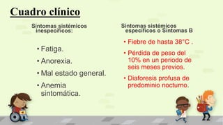Cuadro clínico
Síntomas sistémicos
inespecíficos:
• Fatiga.
• Anorexia.
• Mal estado general.
• Anemia
sintomática.
Síntomas sistémicos
específicos o Síntomas B
• Fiebre de hasta 38°C .
• Pérdida de peso del
10% en un periodo de
seis meses previos.
• Diaforesis profusa de
predominio nocturno.
 