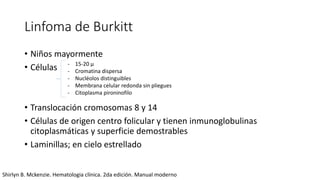 Linfoma de Burkitt
• Niños mayormente
• Células
• Translocación cromosomas 8 y 14
• Células de origen centro folicular y tienen inmunoglobulinas
citoplasmáticas y superficie demostrables
• Laminillas; en cielo estrellado
- 15-20 μ
- Cromatina dispersa
- Nucléolos distinguibles
- Membrana celular redonda sin pliegues
- Citoplasma pironinofilo
Shirlyn B. Mckenzie. Hematologia clínica. 2da edición. Manual moderno
 