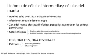Linfoma de células intermedias/ células del
manto
• Adultos edad avanzada, mayormente varones
• Afecciones medula ósea y sangre
• Zona del manto afectada (linfocitos pequeños que rodean los centros
germinales)
• Características
• CD19, CD20, CD22, CD24, CD5 y HLA-DR
• Patrones
- Núcleos redondos con cromatina densa
- Núcleos hendidos irregulares con cromatina parcialmente aglutinada
- Nodular = grado bajo
- Difuso = agresivo
Shirlyn B. Mckenzie. Hematologia clínica. 2da edición. Manual moderno
 