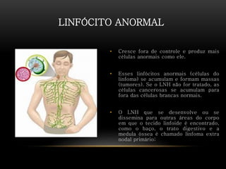 LINFÓCITO ANORMAL
• Cresce fora de controle e produz mais
células anormais como ele.
• Esses linfócitos anormais (células do
linfoma) se acumulam e formam massas
(tumores). Se o LNH não for tratado, as
células cancerosas se acumulam para
fora das células brancas normais.
• O LNH que se desenvolve ou se
dissemina para outras áreas do corpo
em que o tecido linfoide é encontrado,
como o baço, o trato digestivo e a
medula óssea é chamado linfoma extra
nodal primário;
 