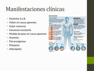 Manifestaciones clínicas 
• Pacientes A y B. 
• Fiebre sin causa aparente. 
• Sudor nocturno 
• Cansancio constante. 
• Pérdida de peso sin causa aparente 
• Anorexia. 
• Piel pruriginosa 
• Petequias 
• Adenopatía 
 