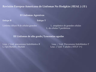 Revisión Europea-Americana de Linfomas No Hodgkin ( REAL ) ( II )


                   II Linfomas Agresivos

Estirpe B                             Estirpe T

Linfoma difuso B de células grandes                    L. anaplásico de grandes células
                                                  L. de células T periféricas


            III Linfomas de alto grado / Leucemias agudas


Leuc. / Linf. precursores linfoblástico B              Leuc. / Linf. Precursores linfoblástico T
L.Tipo Burkitt y Burkitt                              Leuc. / Linf. T adulto ( HTLV 1+)
 