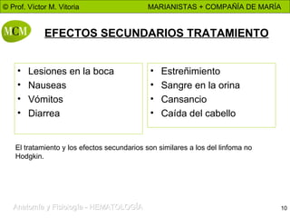 EFECTOS SECUNDARIOS TRATAMIENTO Lesiones en la boca Nauseas Vómitos Diarrea Estreñimiento Sangre en la orina Cansancio Caída del cabello El tratamiento y los efectos secundarios son similares a los del linfoma no Hodgkin. 