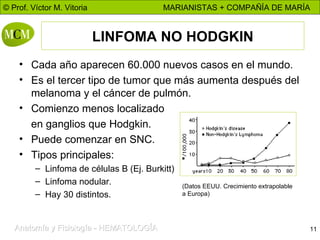 LINFOMA NO HODGKIN Cada año aparecen 60.000 nuevos casos en el mundo. Es el tercer tipo de tumor que más aumenta después del melanoma y el cáncer de pulmón. Comienzo menos localizado en ganglios que Hodgkin. Puede comenzar en SNC. Tipos principales: Linfoma de células B (Ej. Burkitt) Linfoma nodular. Hay 30 distintos. (Datos EEUU. Crecimiento extrapolable a Europa) 