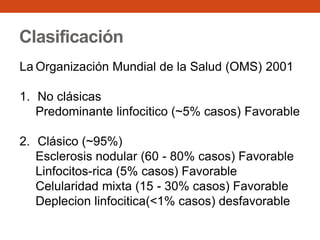 Clasificación
La Organización Mundial de la Salud (OMS) 2001

1. No clásicas
Predominante linfocitico (~5% casos) Favorable
2. Clásico (~95%)
Esclerosis nodular (60 - 80% casos) Favorable
Linfocitos-rica (5% casos) Favorable
Celularidad mixta (15 - 30% casos) Favorable
Deplecion linfocitica(<1% casos) desfavorable

 