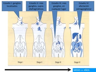 Estadío I: ganglios
localizados
Estadío II: más
ganglios, supra-
diafragmáticos
Estadío III: más
ganglios, en
cualquier lugar
Estadío IV:
afectación
extraganglionar
MESES o AÑOS
 