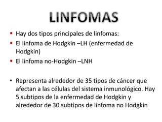  Hay dos tipos principales de linfomas:
 El linfoma de Hodgkin –LH (enfermedad de
Hodgkin)
 El linfoma no-Hodgkin –LNH
• Representa alrededor de 35 tipos de cáncer que
afectan a las células del sistema inmunológico. Hay
5 subtipos de la enfermedad de Hodgkin y
alrededor de 30 subtipos de linfoma no Hodgkin
 