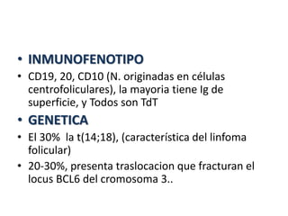 • INMUNOFENOTIPO
• CD19, 20, CD10 (N. originadas en células
centrofoliculares), la mayoria tiene Ig de
superficie, y Todos son TdT
• GENETICA
• El 30% la t(14;18), (característica del linfoma
folicular)
• 20-30%, presenta traslocacion que fracturan el
locus BCL6 del cromosoma 3..
 