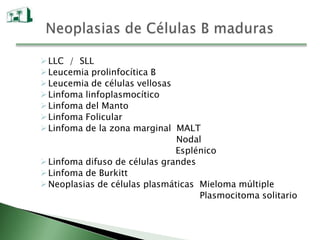  LLC / SLL
 Leucemia prolinfocítica B
 Leucemia de células vellosas
 Linfoma linfoplasmocítico
 Linfoma del Manto
 Linfoma Folicular
 Linfoma de la zona marginal MALT
                               Nodal
                               Esplénico
 Linfoma difuso de células grandes
 Linfoma de Burkitt
 Neoplasias de células plasmáticas Mieloma múltiple
                                    Plasmocitoma solitario
 