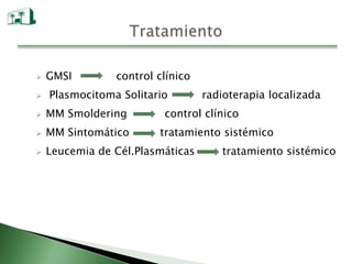    GMSI        control clínico
   Plasmocitoma Solitario        radioterapia localizada
   MM Smoldering        control clínico
   MM Sintomático      tratamiento sistémico
   Leucemia de Cél.Plasmáticas      tratamiento sistémico
 